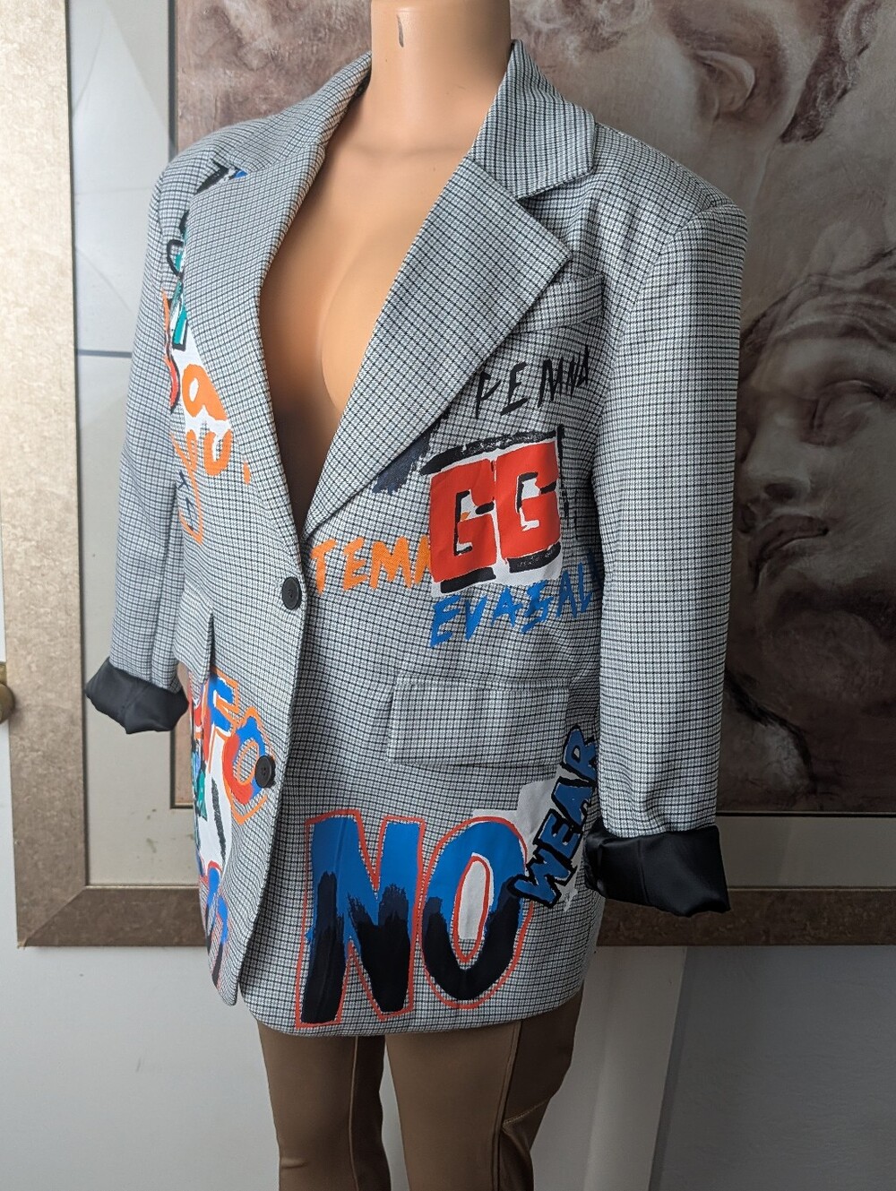 Ma Cherie Houndstooth Graffiti Statement Blazer Punk Artsy Coat Size S
